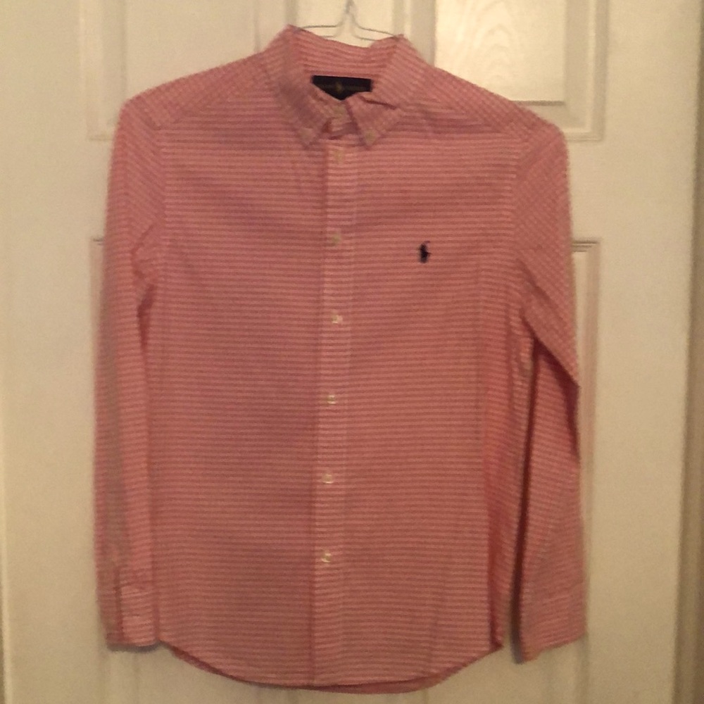 Ralph Lauren Boys 14/16 button down shirt pink/white check pattern w/navy logo